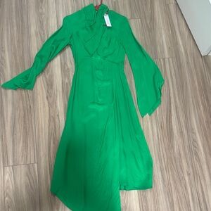 Topshop Emerald Green Long Sleeve Tie-Neck Midi Dress
